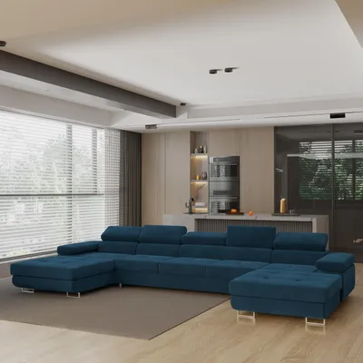 Immagine prodotto di Divano angolare OMBRA di Masseno con funzione letto a U, divano con box letto, divano da salotto, divano, divano letto, set di divani - blu, MONOLITH 77