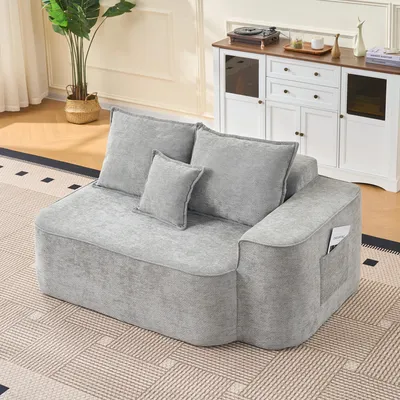 Produktbild von okwish Modernes Design Zweisitzer,mit Kissen und Seitentaschen,Chaiselongue aus Chenille,für kleine Wohnungen,Grau