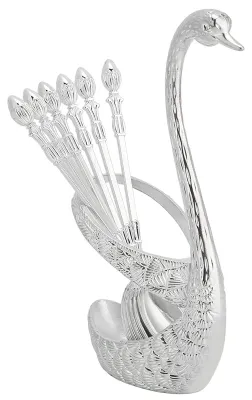 6 Servierlöffel aus Edelstahl mit Schwanenhalter, Silber
