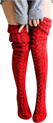 Produktbild von Damen Strümpfe Strick Overknee Socken Dicke Warme Überknie Kniestrümpfe Trachtenstrümpfe Grobstrick Wintersocken Thermosocken Lange Weihnachtssocken Kuschelsocken für Frauen, Rot