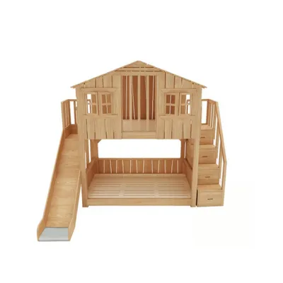 Produktbild von Hausbett Hochbett Spielbett Etagenbett Kinderbett 1200x1900mm Rutschen+Stufen mit Stauraum Birkenholz farbe