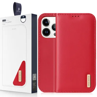 Zdjęcie produktu dla Dux Ducis Hivo Skórzane Etui Z Klapką Pokrowiec Ze Skóry Naturalnej Portfel Na Karty I Dokumenty Iphone 14 Pro Czerwony