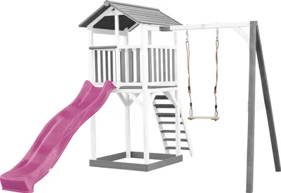Produktbild von AXI Beach Tower Spielturm aus Holz in Weiß & Grau | Spielhaus für Kinder mit lila Rutsche, Schaukel und Sandkasten | Stelzenhaus für den Garten