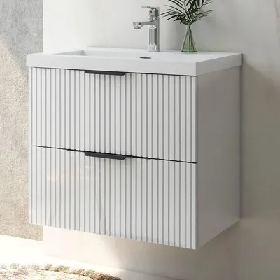 Produktbild von Waschtisch mit Unterschrank 60cm RIVA Badmöbel Set Hochglanz Weiß Rechteckiges Waschbecken mit Unterschrank Softclose