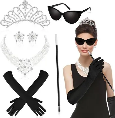 Produktbild von 20-teiliges Zubehör Set für Damen - Roaring 20er Jahre Kostümzubehör mit Tiara, Halskette und Handschuhen