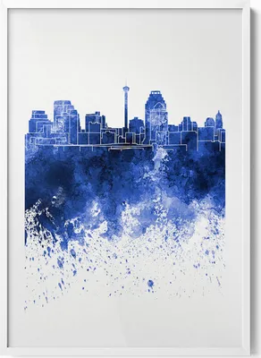 Produktbild von Panorama von San Antonio Aquarell– Wandbild mit Rahmen – Gerahmtes Bild  – Wanddekoration – 70x100 cm –  Weiß Rahmen