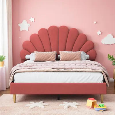 Produktbild von INONEFT Polsterbett Kinderbett 140x200 cm, Doppelbett für Mädchen, Jugendbett Bettgestell mit Blumenförmigem Kopfteil und Lattenrost, Samt Weinrot