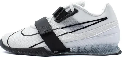 A side view of a white Nike Romaleos 4 weightlifting shoe.