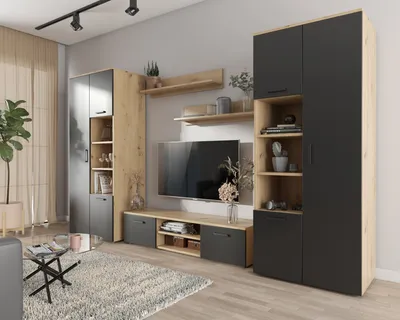 Zdjęcie produktu dla Meblościanka Apollo dąb artisan - czarna, Meble do salonu, pokoju, Zestaw mebli, komplet, szafa, rtv, półki