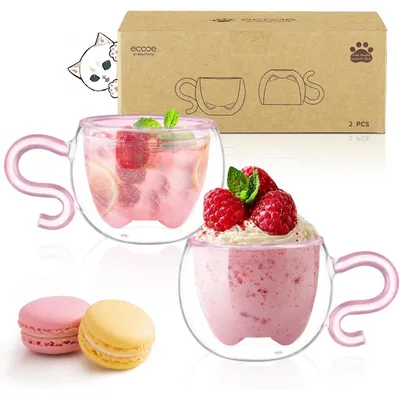 Immagine prodotto di Bicchieri termici a doppia parete a forma di gatto, rosa, set da 2, in vetro borosilicato, capacità 130 ml