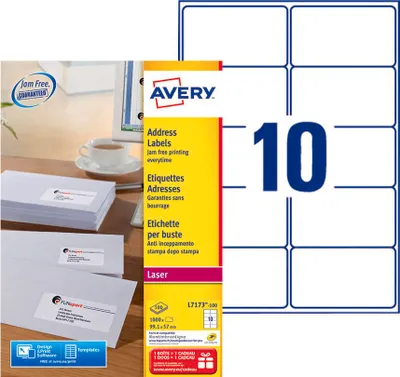 Imagen del producto de Avery - Etiquetas L7173-100, 99,1 x 57 mm, color blanco, 1000 etiquetas
