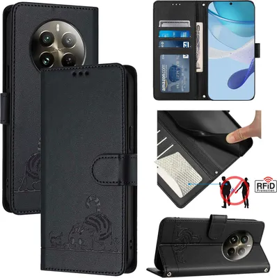 Produktbild von Leder Hülle für Realme 12 Pro/Realme 12 Pro+ Süße Katze Flip Case Brieftasche Schutzhülle mit Standfunktion Schwarz