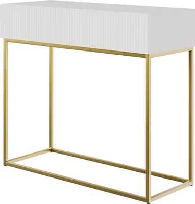 A white console table with a fluted drawer front and a gold metal frame, shown against a white background.