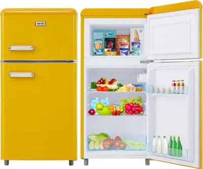 A yellow retro-style refrigerator with its door open, displaying food items inside.
