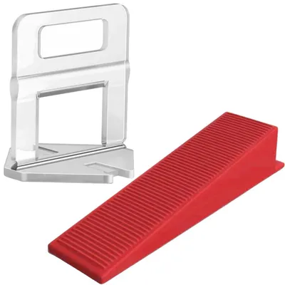 Immagine prodotto di Sistema di livellamento per piastrelle, 100 cunei, 500 clip, lunghezza cuneo 8,5 cm, larghezza cuneo 22 mm, spessore minimo del giunto 1 mm