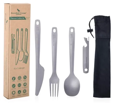 Productafbeelding van Omgoods - Lichtgewicht Titanium Bestekset - Mes, Vork, Lepel en Flesopener voor Kamperen