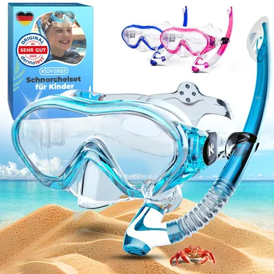 Immagine prodotto di Occhialini da snorkeling per bambini KIDVERSE, adatti a partire dai 5 anni - Occhialini da snorkeling con maschera e boccaglio, testati dermatologicamente. Set da snorkeling per bambini con fascia in tessuto o in silicone - Un'alternativa alla maschera da snorkeling