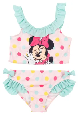 Produktbild von Disney Minnie Mouse Bikini mit Rüschen für Mädchen - Kinder Zweiteiler Schwimmanzug Rosa/Türkis 122-128