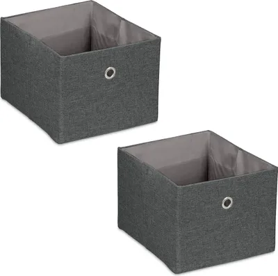 Produktbild von Relaxdays Aufbewahrungsbox, kleine Ordnungsbox aus Stoff, 2er-Set, HxBxT: 16x20,5x25 cm, faltbarer Regalkorb, Dunkelgrau