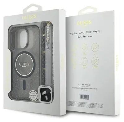Produktbild von Guess IML Glitter With Pearl Strap MagSafe - iPhone 16 Pro Max Hülle (Schwarz)