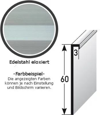 Produktbild von Einklebe-Sockelleiste für Designbeläge, Höhe: 60 mm, Breite: 3 mm, aus Aluminium (Edelstahloptik), ungebohrt, Typ: 380