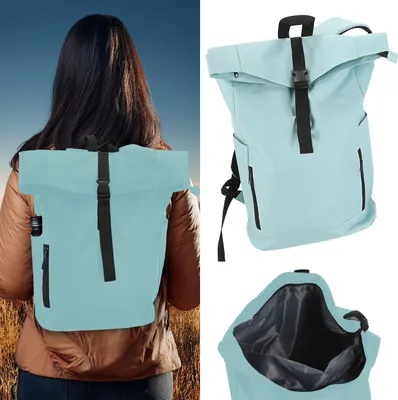 A collage showing a person wearing a backpack and close-ups of the backpack.