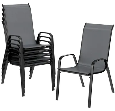 Immagine prodotto di Set di 6 sedie da giardino - Sedie da esterno impilabili - Schienale alto con braccioli - Seduta in tessuto Textilene - Struttura in metallo - 54x69x93 cm - Grigio scuro