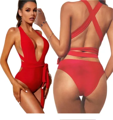Produktbild von Einteiliger Badeanzug roter y Monokini mit Ausschnitt Badeanzug l