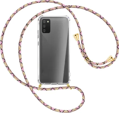 Produktbild von Handykette Backcover-Schutzhülle mit Band (Metall goldfarben) für Samsung Galaxy A02s - rosa Karo