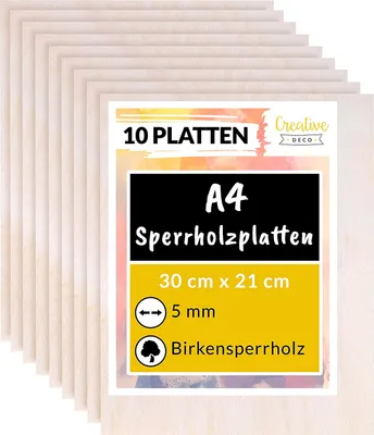 Obrázek produktu pro Creative Deco 10 x A4 Překližka 5 mm Topolová Překližka | 300 x 210 (+/- 0,5) mm | Tenké Dřevěné Polotovary | Ideální List pro Frézování, Branding, Laserové řezání, CNC Frézování, Leptání