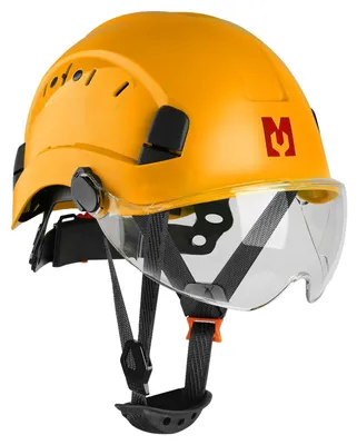 Zdjęcie produktu dla Kask ochronny z osłoną twarzy,   zgodnie z normą EN397, regulowany, zakres rozmiarów 53-63 cm, przeznaczony do zastosowań w budownictwie i przemyśle
