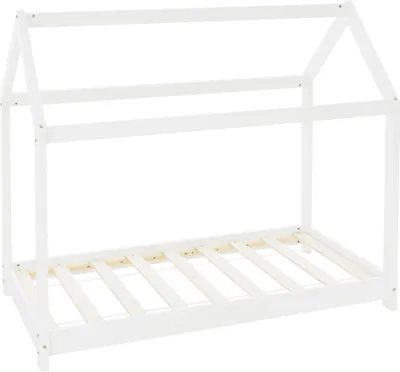 Produktbild von ML-Design Kinderbett 80x160 cm mit Dach und Lattenrost, Weiß, Hausbett aus massivem Kiefernholz Bodenbett Holzbett Jugendbett Spielbett Zelt