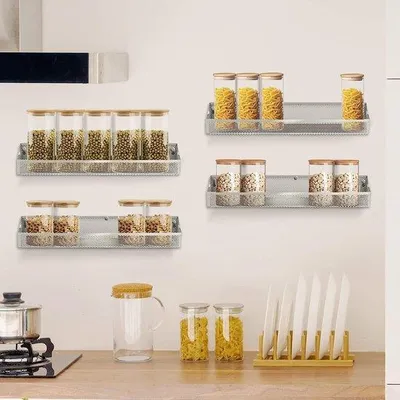 Image de Étagère murale en métal, gris argenté, 4 éléments, pour la cuisine