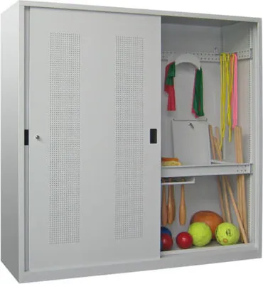 Produktbild von Ballschrank - Schiebetüren mit Lochfeld - Trennwand - 1.950x2.000x600 mm (HxBxT) - zinkgelb/anthrazitgrau