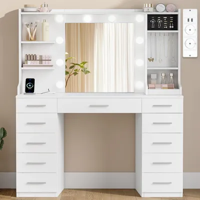 Immagine prodotto di Comò da trucco con illuminazione a LED, specchio, prese di corrente, 11 cassetti, colore bianco