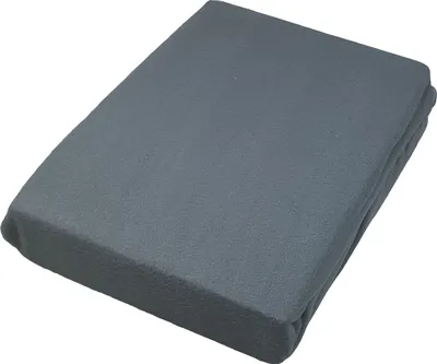 A folded grey fleece fitted sheet is shown on a white background.