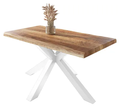 Produktbild von Esstisch Baumkante massiv Mango rough 140 x 80 Spider-Gestell weiß ATLAS
