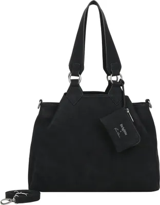 A black handbag with a small attached pouch is shown against a white background.