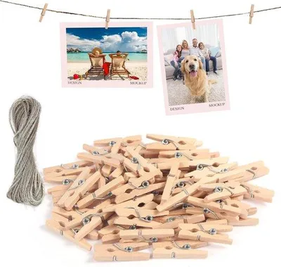 Image de Clips en bois, 120 pièces, dimensions 2,5 x 0,3 cm, avec 10 mètres de ficelle. Petites pinces pour photos, cartes et décorations de fête