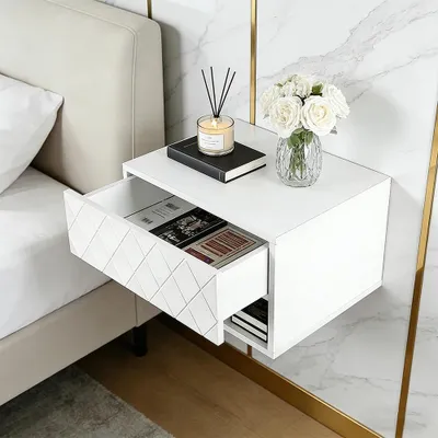 Image de Petite table de chevet flottante avec tiroir, idéale pour la chambre à coucher