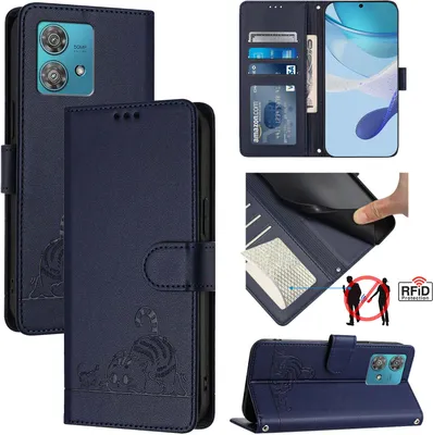Image de Etui en cuir pour Motorola Edge 40 Neo, étui à rabat avec fonction stand et portefeuille bleu