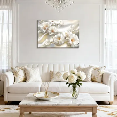 Productafbeelding van Canvas wanddecoratie met witte pioenrozen, 90x60 cm, ingelijst, geschikt voor de woonkamer
