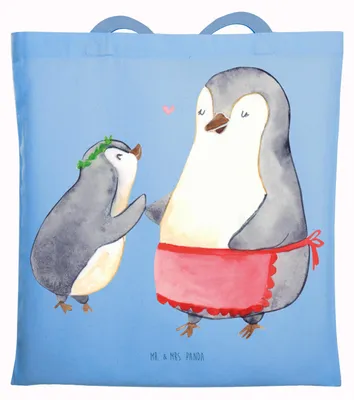 Produktbild von Mr. & Mrs. Panda Tote Bag Pinguin mit Kind - Sky Blue - Geschenk, Vorbild Mama, Laptoptasche, Einkaufstasche, Muttertag, Tasche, Beutel, Shopping, Mutter