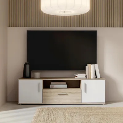 Produktbild von Forte IKOLI TV Schrank 140 150, modernes Lowboard mit 2 Türen und 1 Schublade, offenes Fach, Wohnzimmer, Holzwerkstoff, Weiß mit Sonoma Eiche Holzdekor, 144,6 cm breit x 43,3 cm hoch x 41,3 cm tief