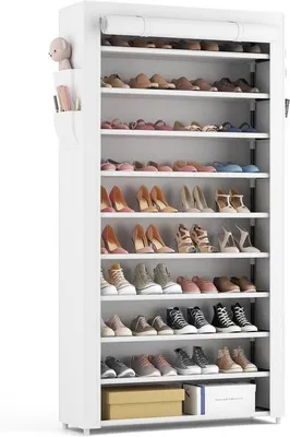 Zdjęcie produktu dla Wysoka szafka na buty z 11 półkami, przeznaczona na 50 par butów, z pokrywą chroniącą przed kurzem, metalową ramą, w kolorze białym