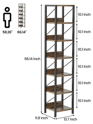 Produktbild von Schmales Bücherregal - Hohes 6-stöckiges Eckregal Standregal - Freistehend - Metallgestell - Für Wohnzimmer und kleine Räume - Braun