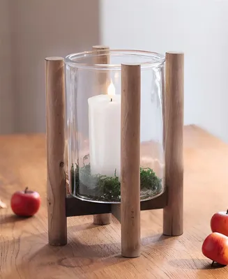 Image de Photophore "Sixties" support en bois avec photophore en verre, hauteur 29 cm, porte-bougie, vase, colonne décorative