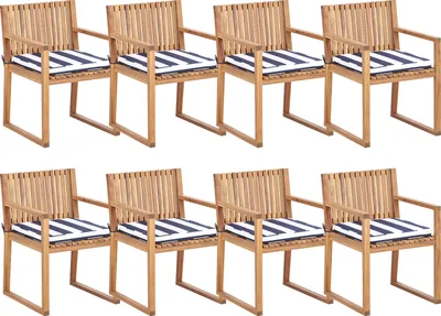 Produktbild von BELIANI Gartenstuhl 8er Set Hellbraun es Akazienholz mit Sitzkissen Marineblau Armlehnen Lamellen-Optik Holzkufen Rustikal Holzstuhl
