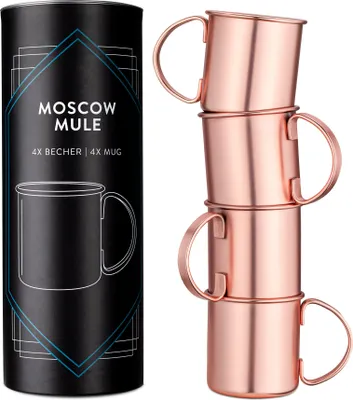 Produktbild von Navaris Moscow Mule Becher 4er Set - 4x Kupferbecher für Moskau Mule Gin Bier - Cocktail Mug Mule-Becher glatt - Tasse aus Edelstahl mit Kupfer