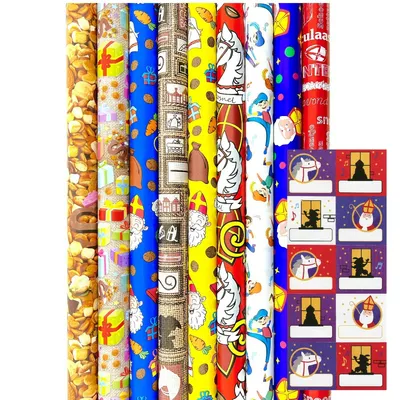Immagine prodotto di Assortimento di carta da regalo Sinterklaas Inc. 20 adesivi con nome - 300 x 70 cm - 5 rotoli